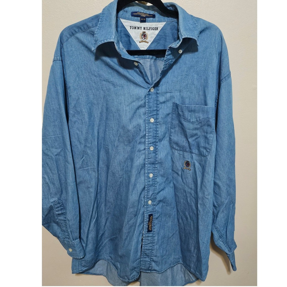 Tommy Hilfiger Vintage Mens Light Wash Denim Chambray Button Down Shirt 16-33 L
